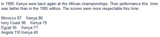 In 1989, Kenya were back again at the African championships. Their performance this  time was better than in the 1985 edition. The scores were more respectable this time: