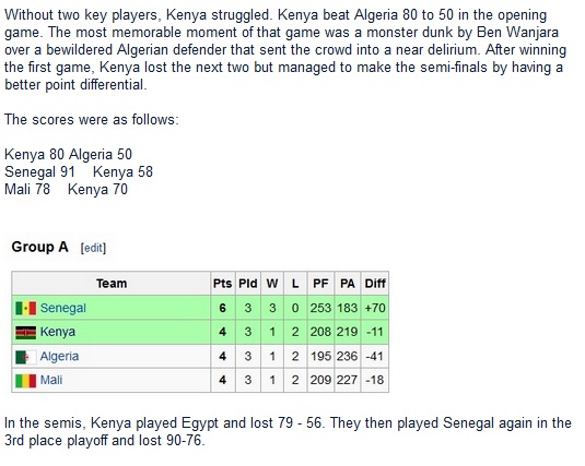 Without two key players, Kenya struggled. Kenya beat Algeria 80 to 50 in the opening game. The most memorable moment of that game was a monster dunk by Ben Wanjara over a bewildered Algerian defender that sent the crowd into a near delirium. After winning the first game, Kenya lost the next two but managed to make the semi-finals by having a better point differential.