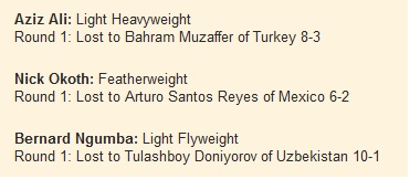 Aziz Ali: Light Heavyweight Round 1: Lost to Bahram Muzaffer of Turkey 8-3 Nick Okoth: Featherweight Round 1: Lost to Arturo Santos Reyes of Mexico 6-2 Bernard Ngumba: Light Flyweight Round 1: Lost to Tulashboy Doniyorov of Uzbekistan 10-1