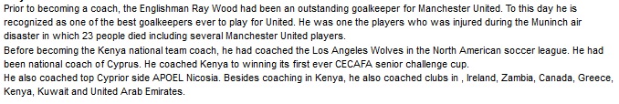 Ray Wood Kenya coach