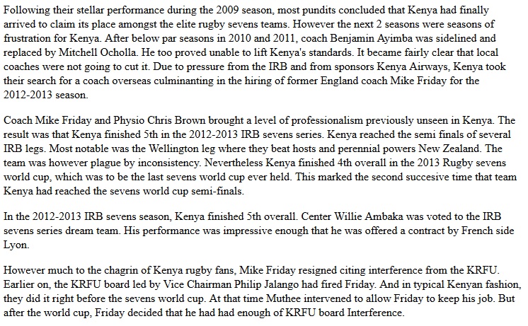 Kenya rugby sevens in the Michael Friday era